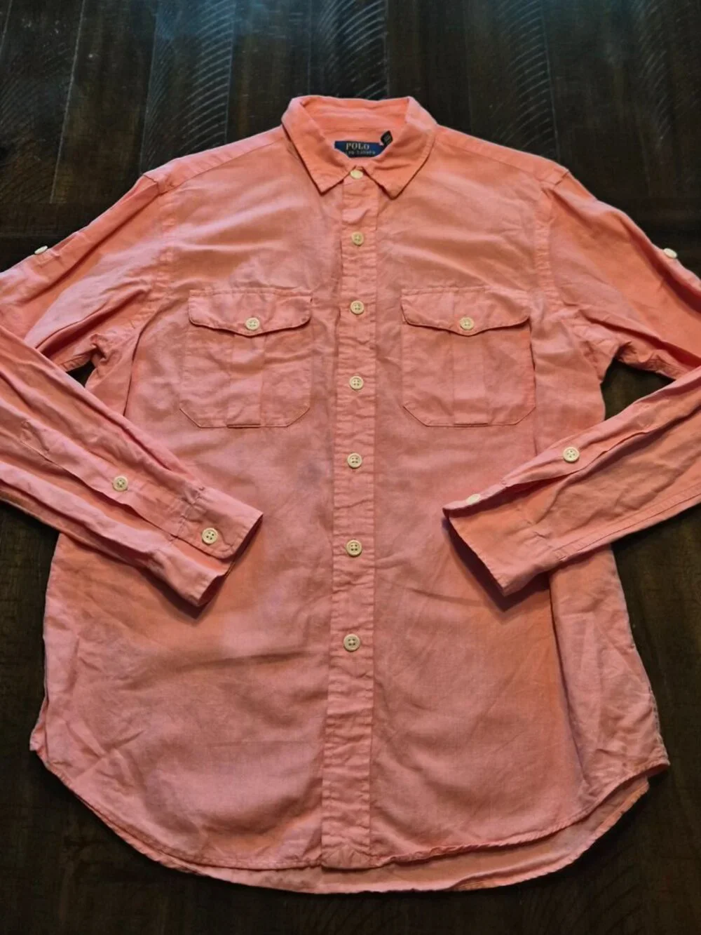 Polo Ralph Lauren Shirt Mens M Pink Linen Silk Blend Long Sleeve Roll Tab G813
